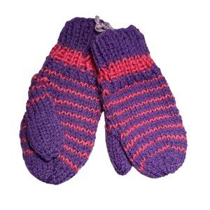 Hand Knitted Mittens Purple & Pink Striped Kids 7" Long New